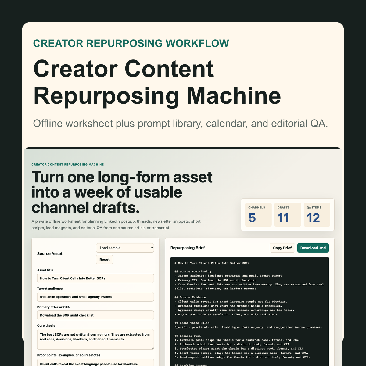 Creator Content Repurposing Machine cover artwork showing the actual worksheet UI