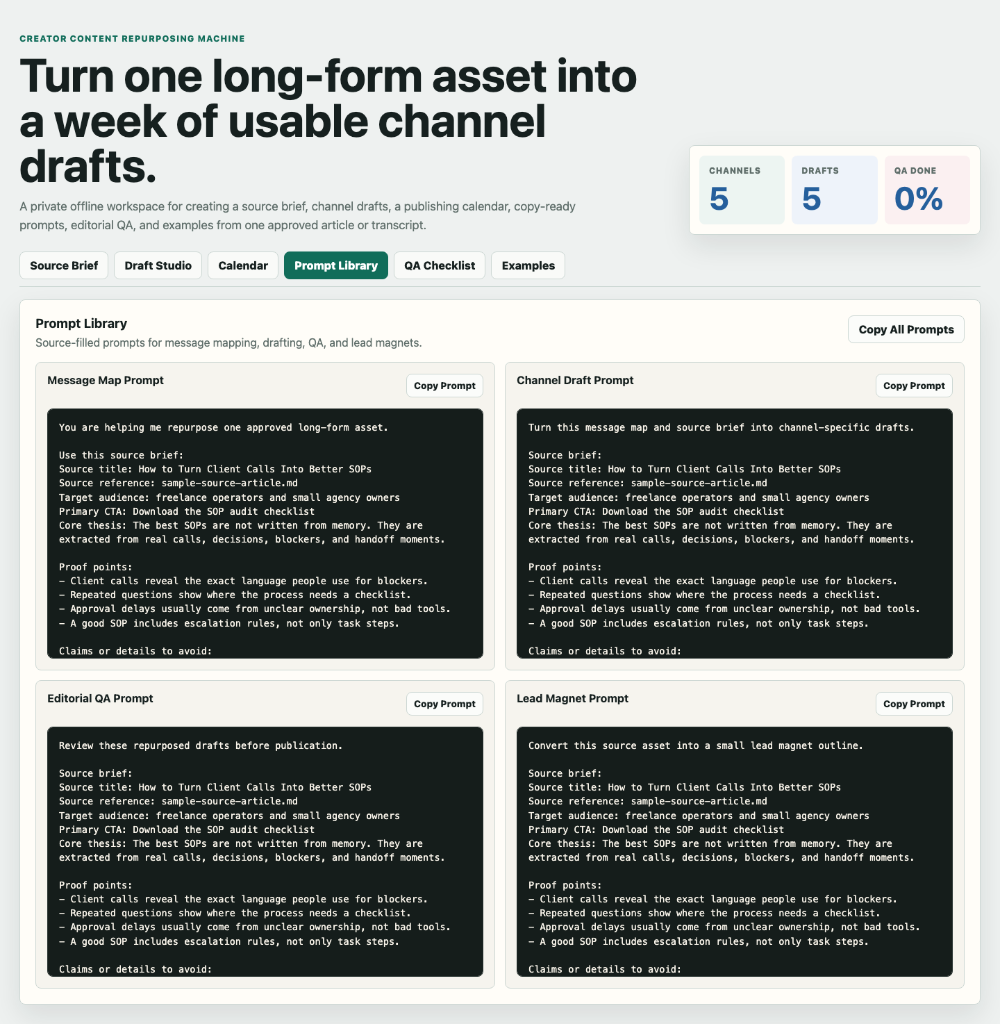 Prompt Library tab with reusable content repurposing prompts